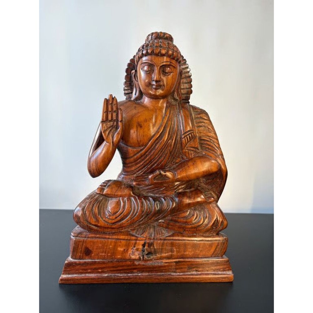 Carved Hardwood Seated Buddha Abhaya Mudra Cauvery Bangalore India 10 in